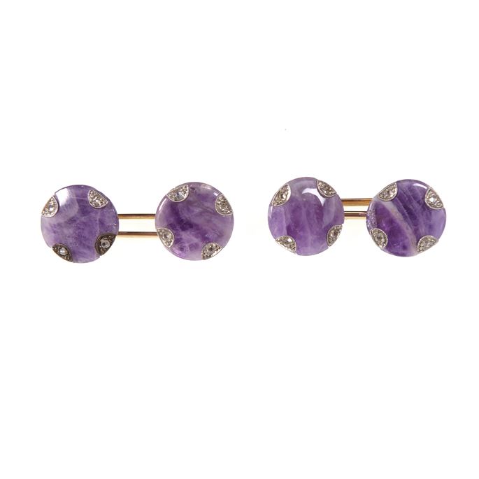 Pair of amethyst lace agate and diamond cufflinks, round panels | MasterArt